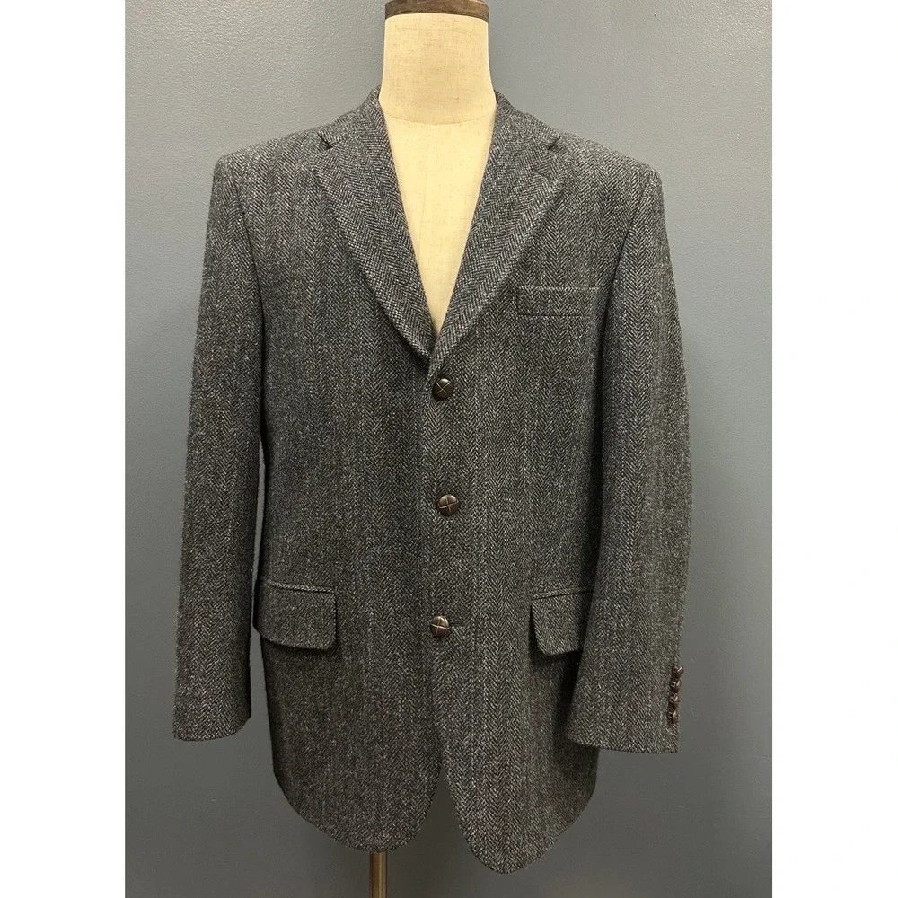 Patrick James Harris Tweed Blazer 42R Blue Gray Herringbone Wool Sport Coat EUC